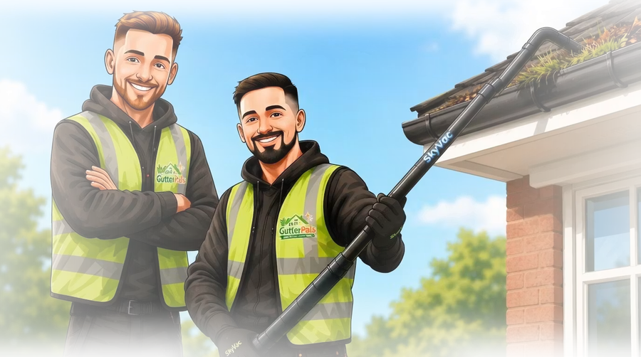 Razvan and Daniel from GutterPals holding the SkyVac cleaning pole