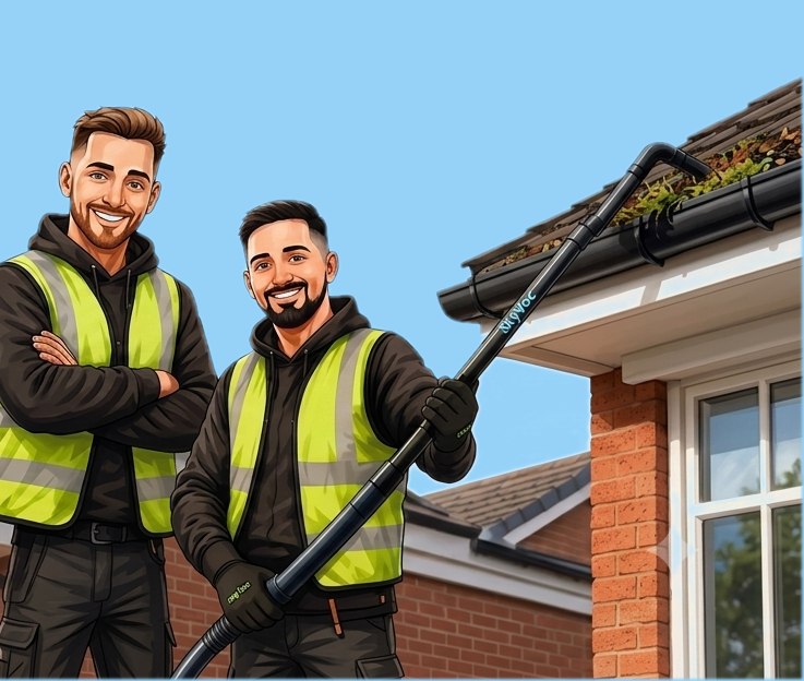 Razvan and Daniel from GutterPals holding the SkyVac cleaning pole